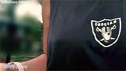 The housewife dares to flash her big tits on the street, getting caught in public exhibitionism.