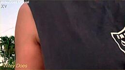 The housewife dares to flash her big tits on the street, getting caught in public exhibitionism.