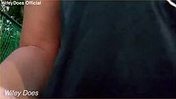 The housewife dares to flash her big tits on the street, getting caught in public exhibitionism.