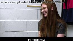 Redhead shoplifter jane rogers caught by lp officer jovan jordan, fucks to avoid punishment in garage.