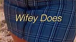 Milf boldly shows her shaved pussy and ass in public outdoor setting