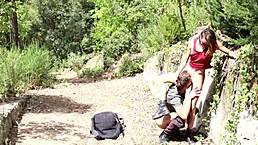 Horny hikers engage in doggystyle sex bent over, ending with cum in mouth.