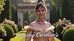 Granny Carmen Claus tests hardcore fuck machine in close-up action.