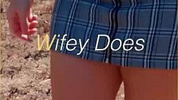 Milf boldly shows her shaved pussy and ass in public outdoor setting