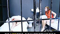 The nymphomaniac lesbian gets FUCKED by her natural brunette cellmate in uniform