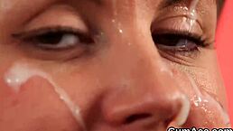 sexy idol takes a huge cumshot on her face, swallowing every drop of jizz