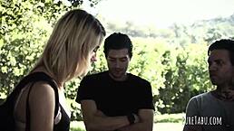 Blonde Babe Bent Over In Double Penetration Threesome With Doggystyle And Blowjob