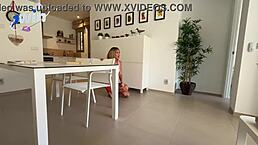 She climaxes giving blowjobs with an anal plug in kitchen.