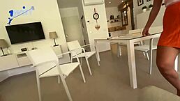 She climaxes giving blowjobs with an anal plug in kitchen.