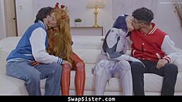 the naughty cosplayers in sexy costumes decide to swap their stepbrothers for some fun fucking