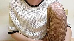 Shemale Ting Xuan In Fishnet Stockings Rides Dildo For Anal Masturbation