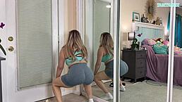 sexy milf flaunts gym outfit in bedroom tease