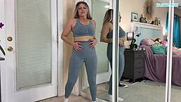 sexy milf flaunts gym outfit in bedroom tease