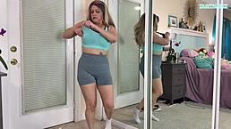 sexy milf flaunts gym outfit in bedroom tease