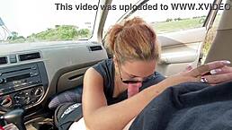 Blonde gives deepthroat blowjob in car