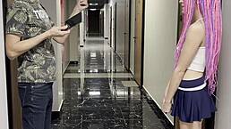 Horny teen girl in stockings bends over for rough doggystyle fuck in hotel room, cumshot follows