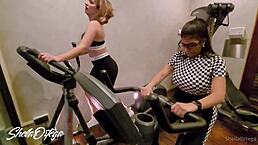 Blondes and brunettes heat up in gym then fuck in bathroom