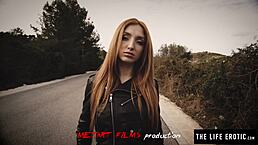 nipple clamps and ball gag make horny redhead cum hard in bdsm session