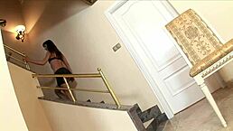 Milf in fishnet stockings and high heels enjoys time on bed.