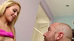 flexible blonde tricked by big fitness coach