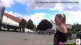 Blonde girl cheats on boyfriend outdoors