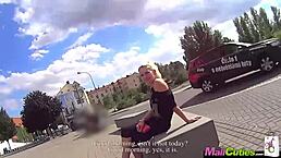 Blonde girl cheats on boyfriend outdoors