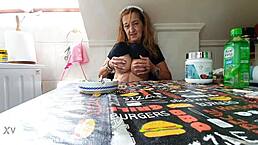 Would you jerk off to my big lactating tits in the kitchen?