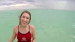 Blonde teen babe in public outdoor scene with high definition pov.