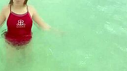 Blonde teen babe in public outdoor scene with high definition pov.