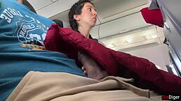 cute brunette teen with pigtails flashes dick in airplane public