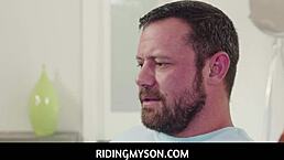 Sexy hot busty stepmom Carmela Clutch feels intense pleasure. She gives Sergeant Miles blowjob under the table and rides his dick