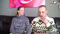 German teen girlfriend shared in first MMF threesome during amateur casting.