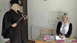 Mature lesbian headmistress in uniform teaches lesson