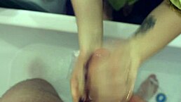 Mom spies on step son bathing, washes his cock, sucks and jerks him off until he cums in her mouth.