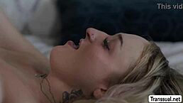 Lucky dude bareback fucks horny blonde shemale's ass with detailed cock insertion and anal pounding