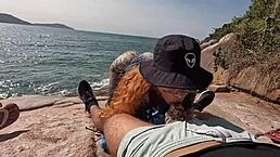 Naughty girls have wild orgy on deserted beach with kissing and fucking