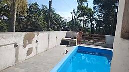 teasing the mason by the pool turned into solo flashing fun