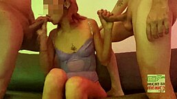 Wife in lingerie gets trio action
