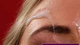 British babe sucks cock in stockings, big tits close-up for facial jizz