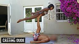 Brown skin baddie takes big white cock in missionary