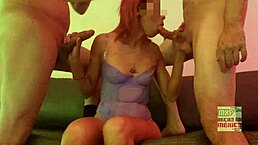 Wife in lingerie gets trio action