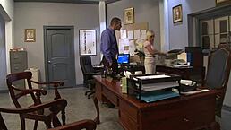 Blonde coworker discovers huge dick and tests it with wild sex.