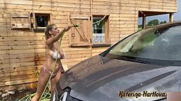 naked cleaning lady plays with water and tits