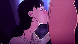 chained man in bondage scene with blowjob