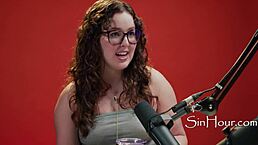 Cute and pretty pornstar Leana Lovings in nerdy glasses during casting interview.