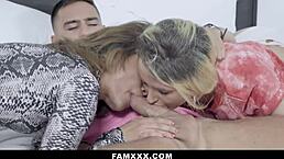 Stepsisters enter the bedroom where stepbrother has a bonus gift for her - famxxx.