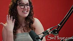 Cute and pretty pornstar Leana Lovings in nerdy glasses during casting interview.