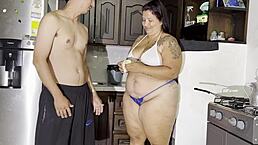 stepmother sucks stepson's huge dick in kitchen, unexpected cumshot at end