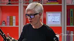 Cute and pretty pornstar Leana Lovings in nerdy glasses during casting interview.