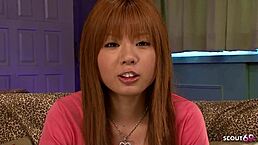 skinny japanese redhead nails intense pov blowjob with cumplay